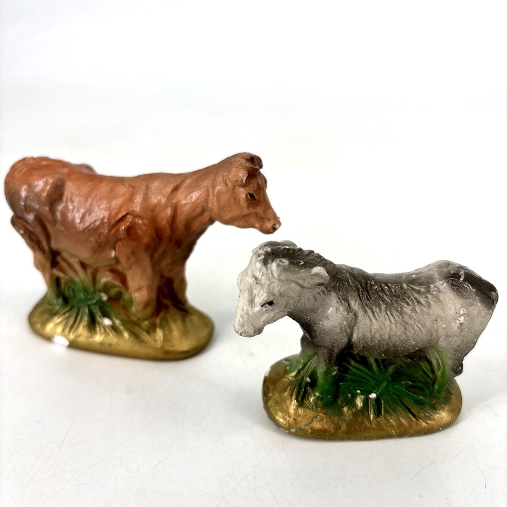 Lot Vintage Chalkware Nativity Animals Brown Cow and Donkey‎ Figures Christmas
